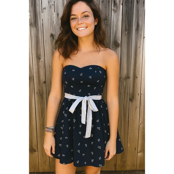 NWT Abercrombie & Fitch Strapless Anchor Print Blue Dress M Juniors Y2K - Picture 1 of 8